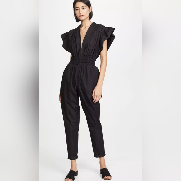 IRO Pants - Women's IRO "Pleona" Black Flutter Sleeve V-Neck Cotton Jumpsuit Size 34